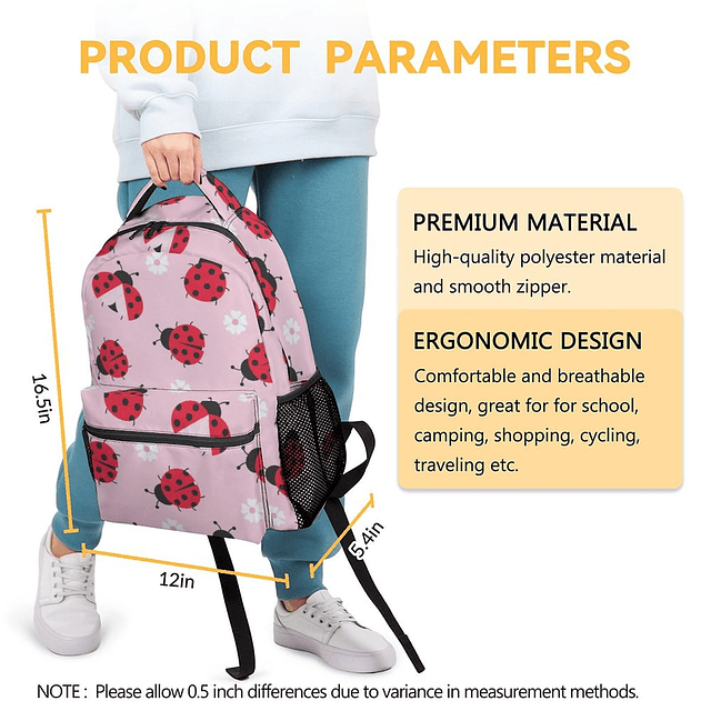 Mochilas de mariquita para niños, mochila linda de 16 pulgad