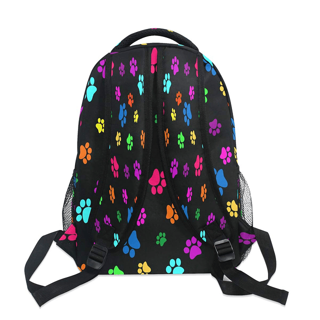 Mochila negra con estampado de huellas de colores, mochila e