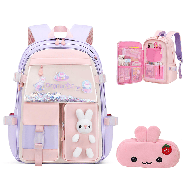 Mochila Kawaii de 2 piezas para niñas, linda mochila escolar