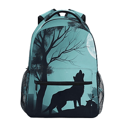 Mochila de viaje con diseño de lobo y luna de noche, mochila