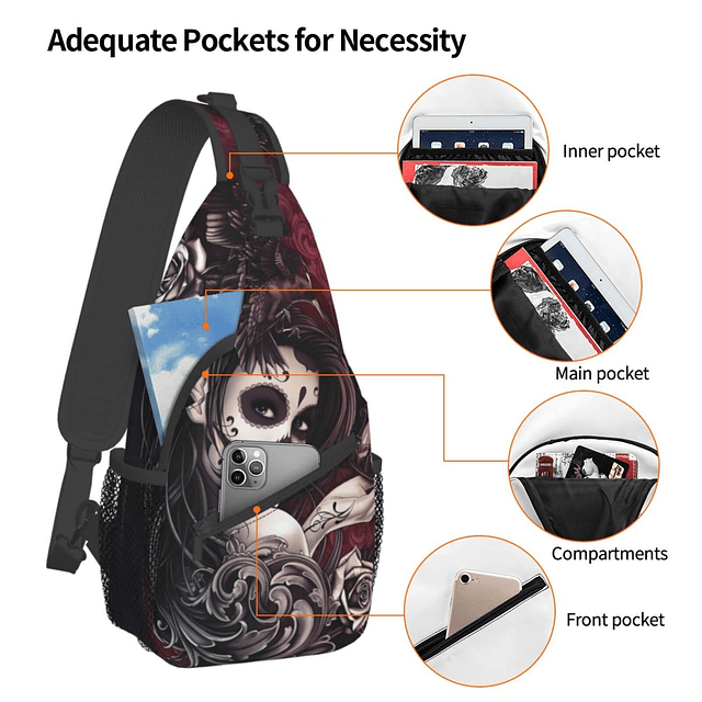 Mochila cruzada con diseño de calavera para viajes, senderis