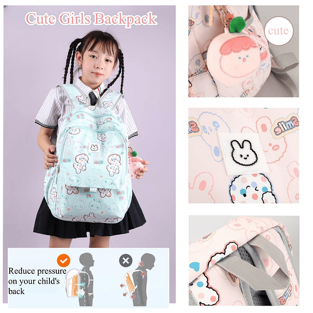 Mochila con estampado de conejitos para niñas, bolso escolar