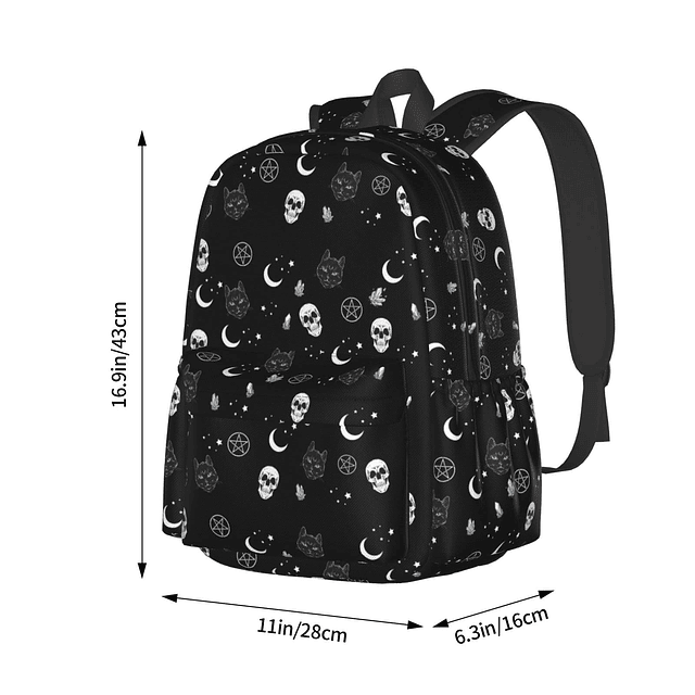 Mochila gótica negra con diseño de calavera y luna y gato, i