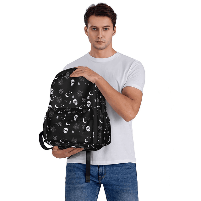 Mochila gótica negra con diseño de calavera y luna y gato, i