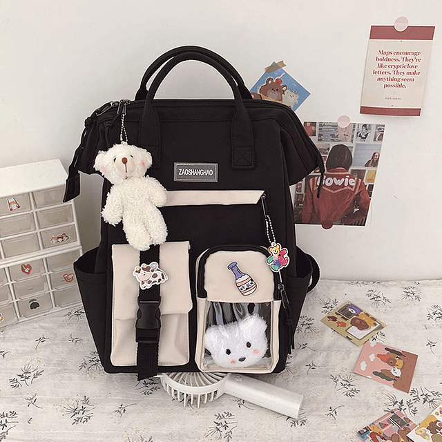 Mochila Kawaii con Colgante de Oso Kawaii y Estuche para Láp