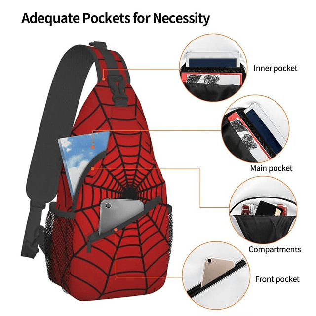 Mochila bandolera con diseño de telaraña roja para hombres y