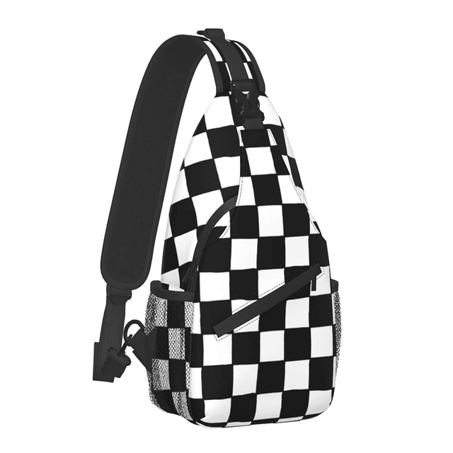 Mochila bandolera con diseño de cuadros en blanco y negro, p