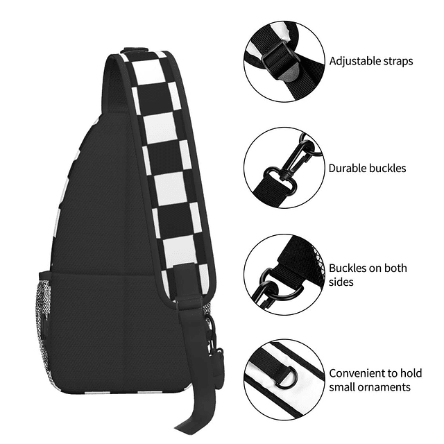 Mochila bandolera con diseño de cuadros en blanco y negro, p