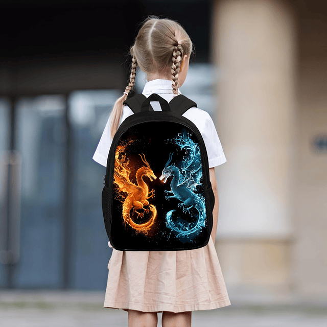 Mochila de dragón para niños, diseño de dragón rojo fuego y