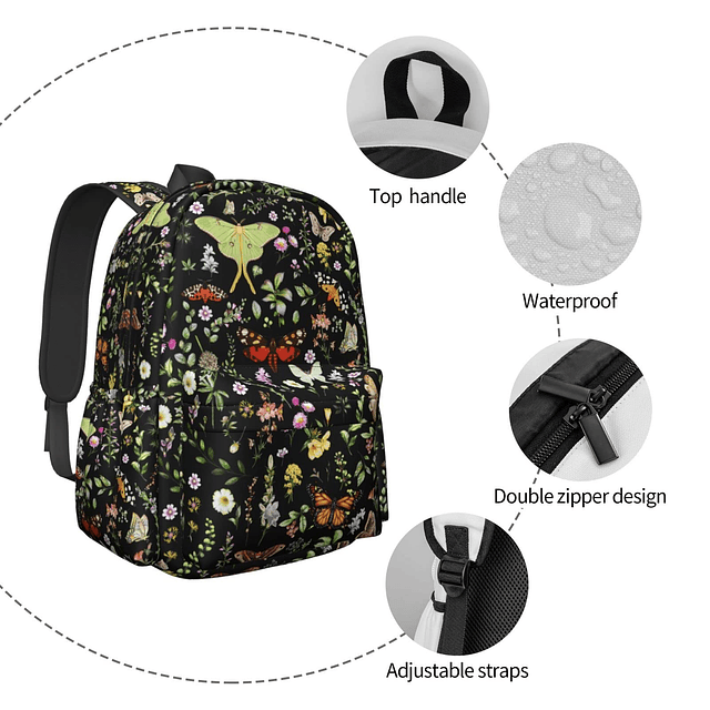 Mochila elegante con diseño de mariposas y polillas, con cor