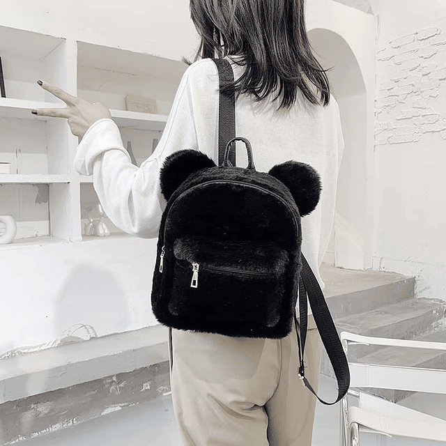 Linda mochila con orejas de oso peludas Kawaii, suave y espo