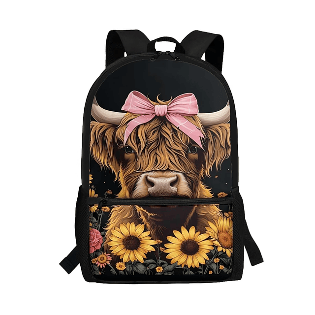 Mochila escolar Highland Cow Mochila negra para escuela prim