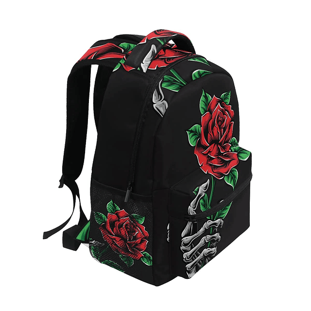 Mochila escolar con diseño de calavera y rosa, ligera, para