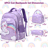 Mochila de gato morado para niñas, mochila 3 en 1 para niñas