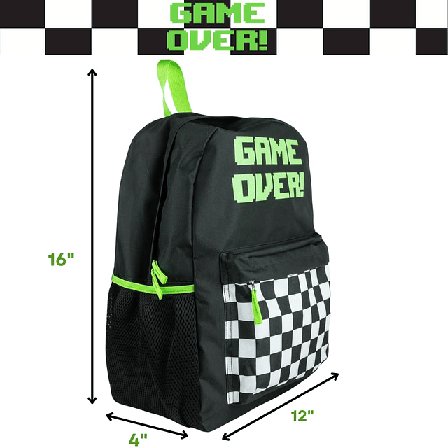 Mochila Game Over Gamer para niños, 16 pulgadas, negra