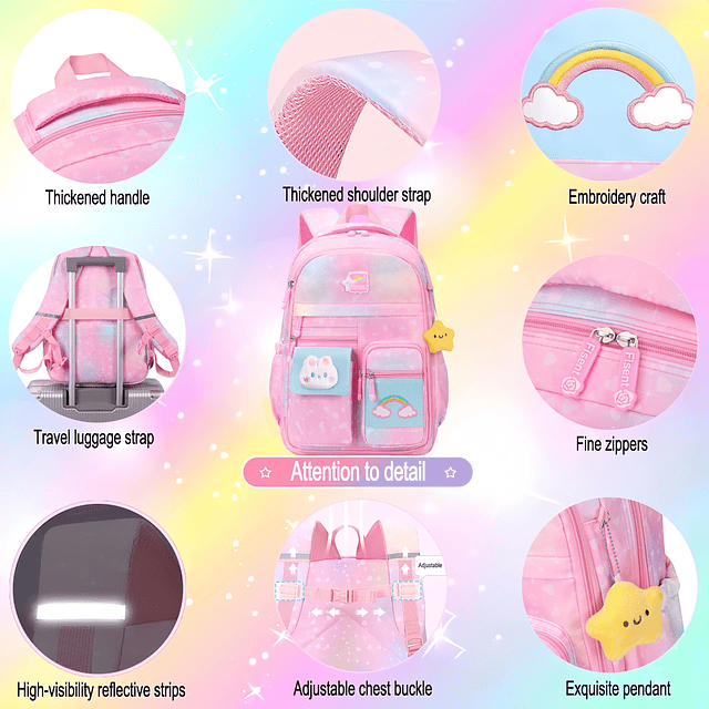 Mochilas para niños para niñas, 3 piezas de mochila Rainbow