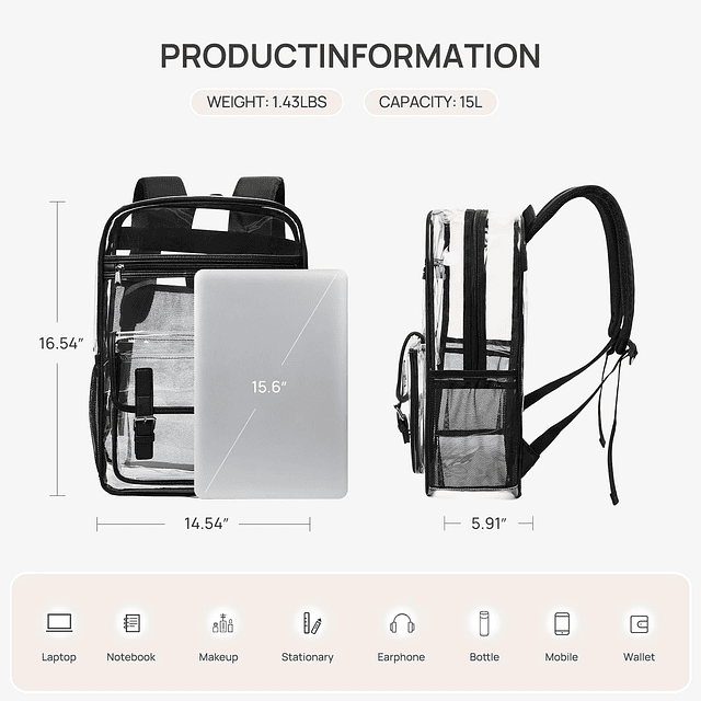 Mochila transparente con múltiples bolsillos, mochila transp