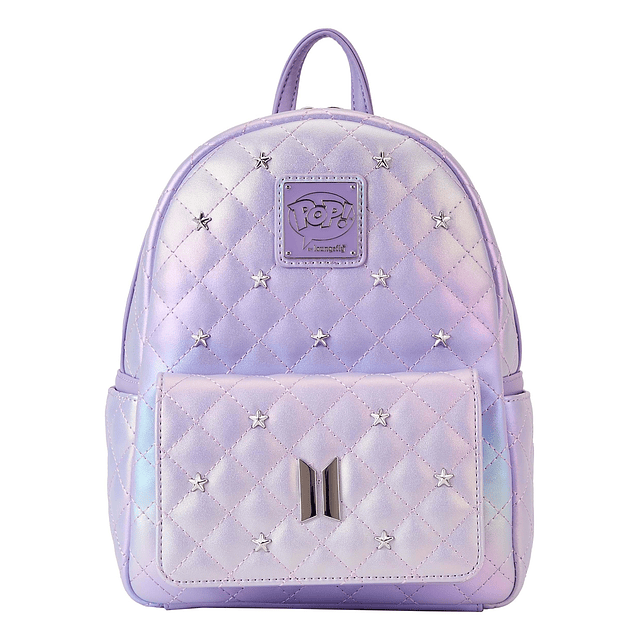 Mini mochila morada iridiscente con logotipo de BTS