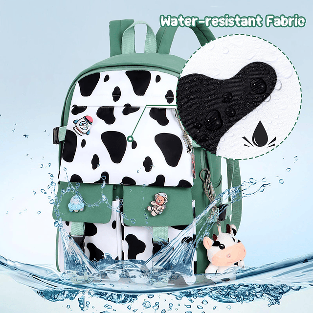 Mochila Kawaii con estampado de vaca, accesorios de Pin boni