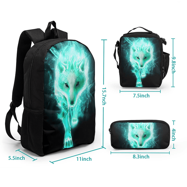 Cool Cyan Wolf Mochila con estuche para almuerzo 3 en 1 para