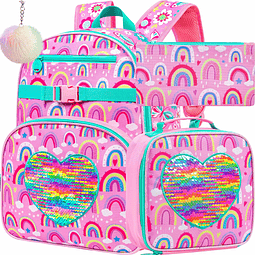 Mochila para niñas de 3 piezas, mochila con lentejuelas arco