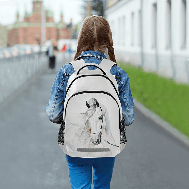 Mochila de caballo blanco para estudiantes, niños y niñas, m