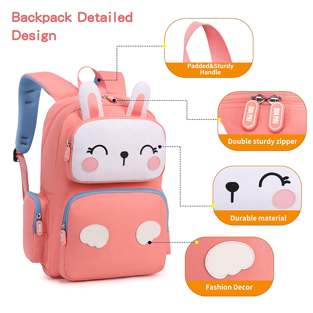 Mochila de conejito para niños, bolsa de viaje rosa para niñ