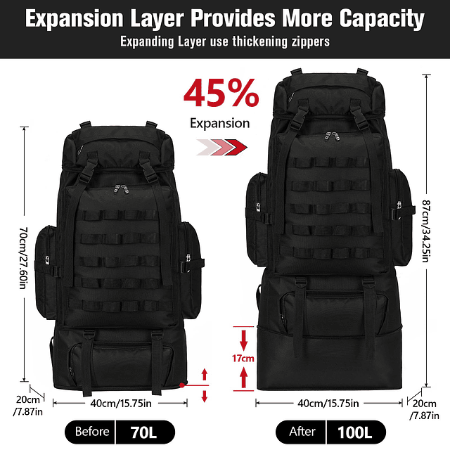 Mochila grande para acampar y senderismo de 70L/100L con cub