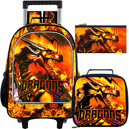 Mochila con ruedas Dragon de 3 piezas para niños, mochilas e