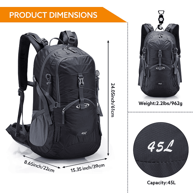 Mochila de viaje para senderismo de 45L, impermeable, con cu