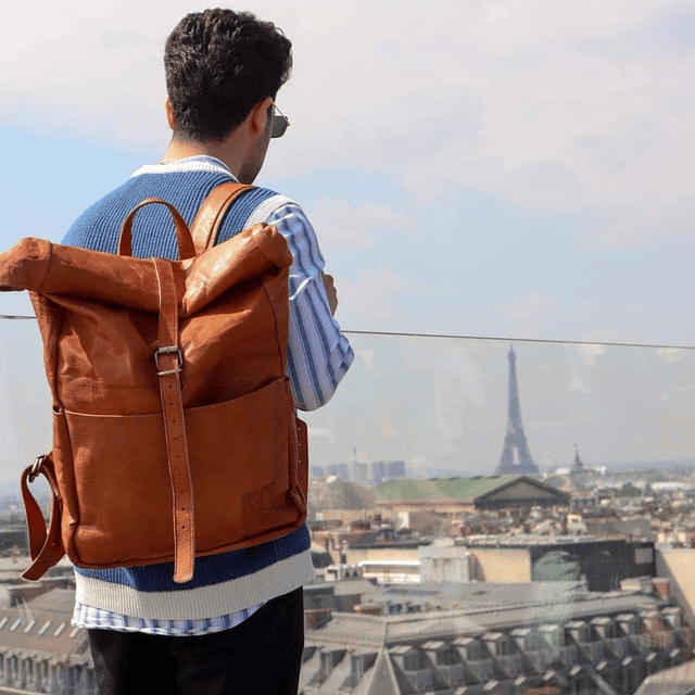 Mochila de Cuero Vintage Paris, Mochila Grande Impermeable p