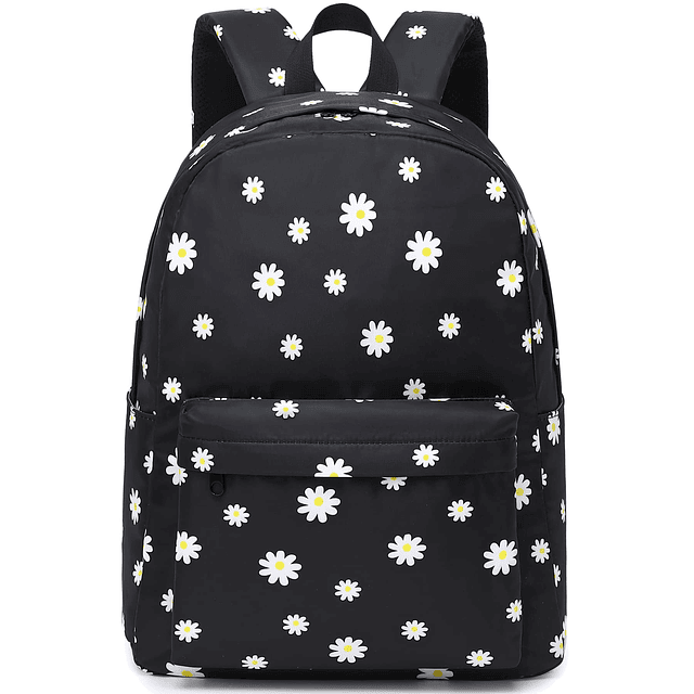 Mochila escolar negra de flores para adolescentes y niñas, m