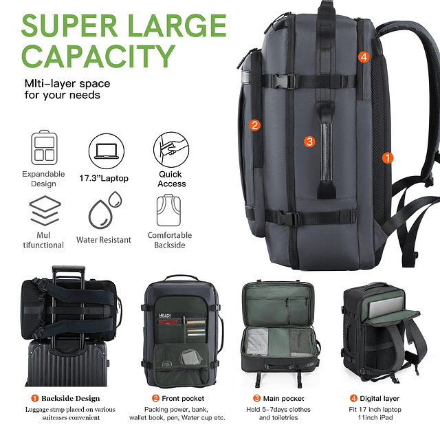 Mochila de viaje de gran capacidad, negra, 35 L, 20,47 x 12,