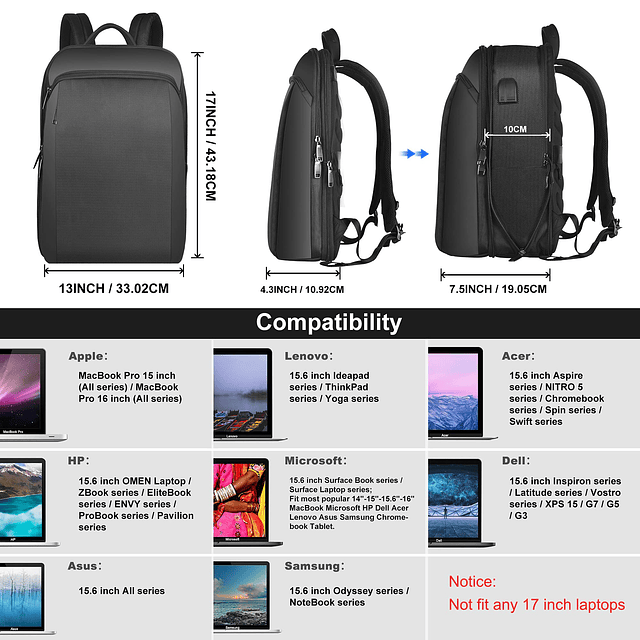 Mochila para portátil delgada y ampliable de 15, 15,6 y 16 p