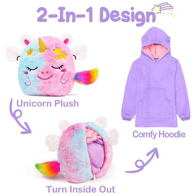 Unicornio de peluche 2 en 1 con capucha y animal de peluche,