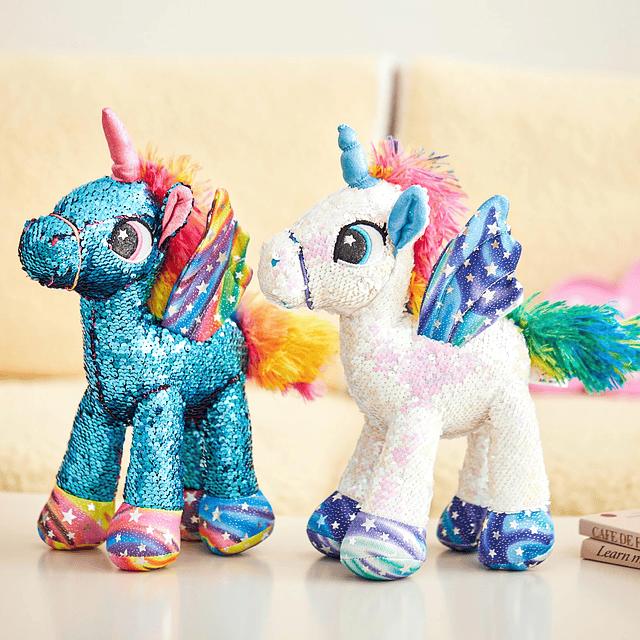 Juguete de peluche de unicornio con lentejuelas azules de 13