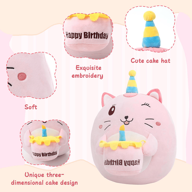 Almohada de peluche de gato con pastel de feliz cumpleaños d