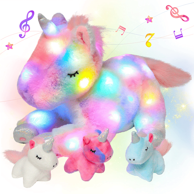 Juego de unicornio de peluche musical LED, juguete de peluch