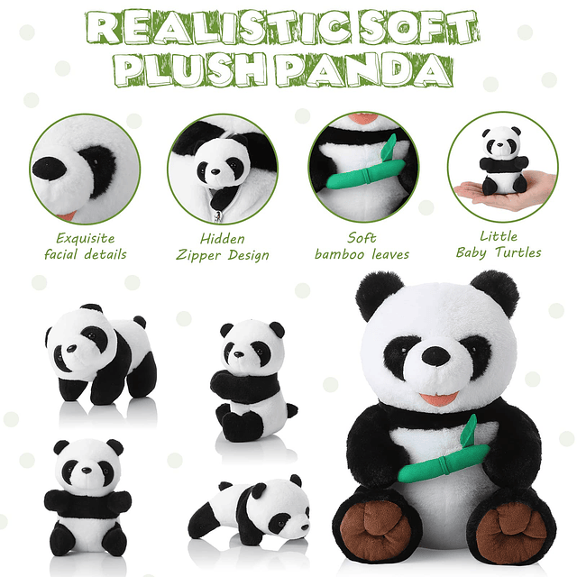 5 piezas de oso panda de peluche con bebés, almohada de felp