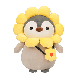 Lindo pingüino de peluche de pingüino con traje de girasol,