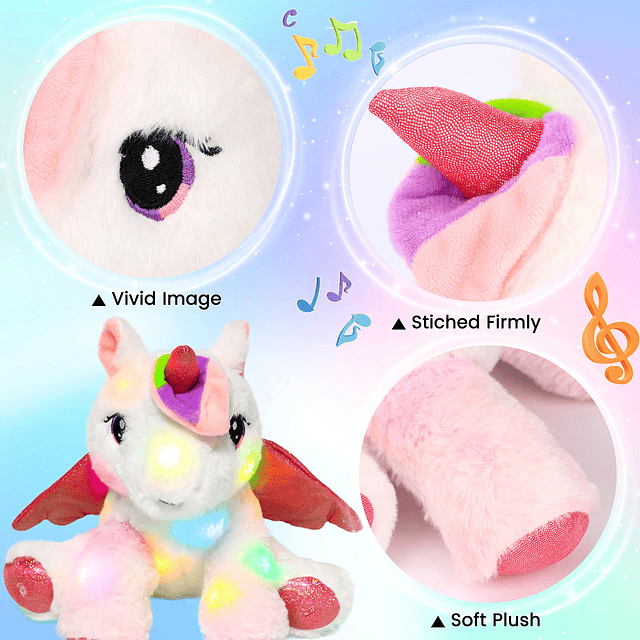 Unicornio de peluche musical LED, adorable juguete de peluch