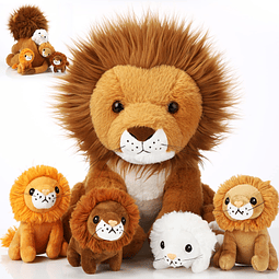 Juego de 5 piezas de peluche de león grande con 4 lindos leo