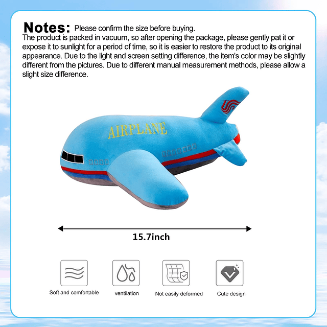 Avión de peluche juguetes de peluche almohada de avión azul,