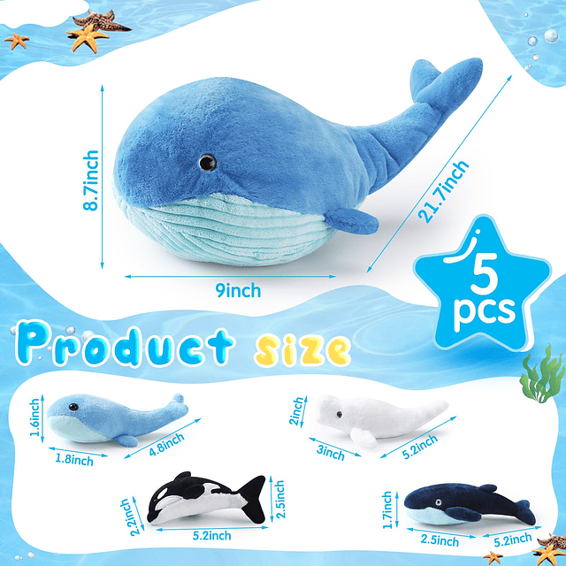 Peluche de mamá ballena con 4 lindos bebés, animales de pelu