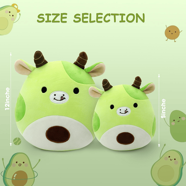 Almohada de peluche de vaca de aguacate, lindo animal de pel