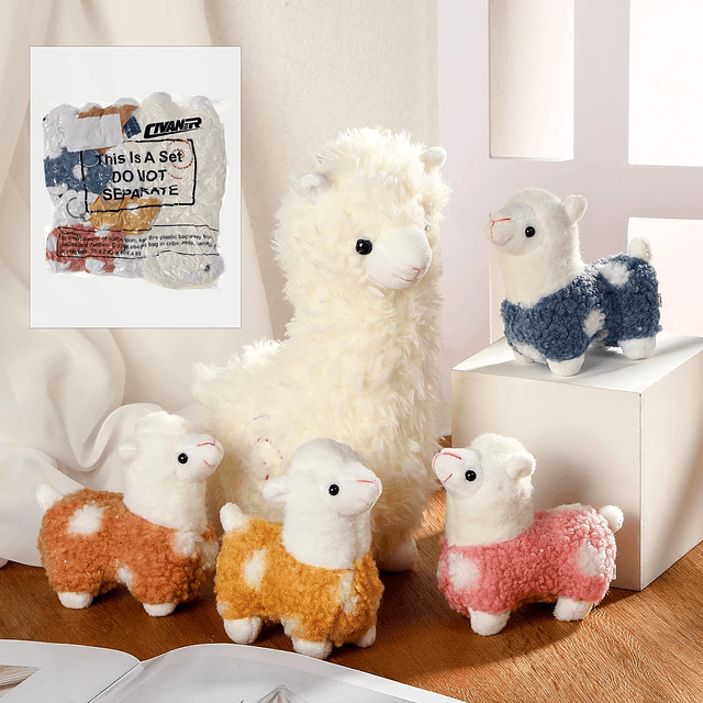 Llama de peluche con 4 llamas bebé, lindo juego de peluche d