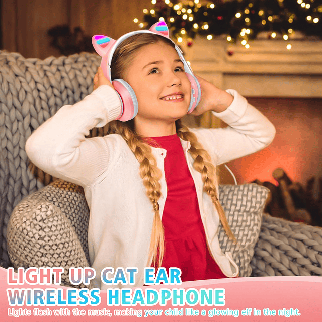 Auriculares Bluetooth para niños, RGB LED con luz de oreja d