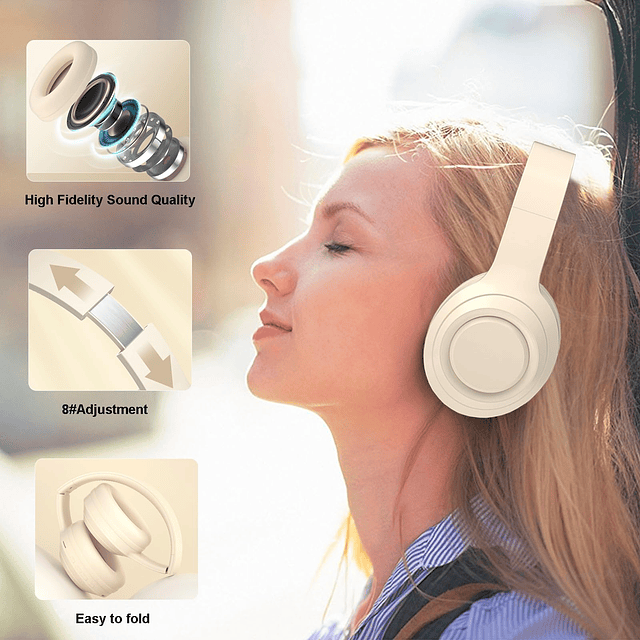 Auriculares inalámbricos blancos Bluetooth, auriculares pleg