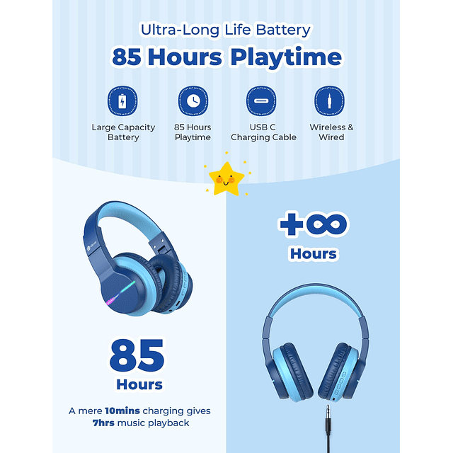 BTH12 Auriculares Bluetooth para niños, luces LED de colores