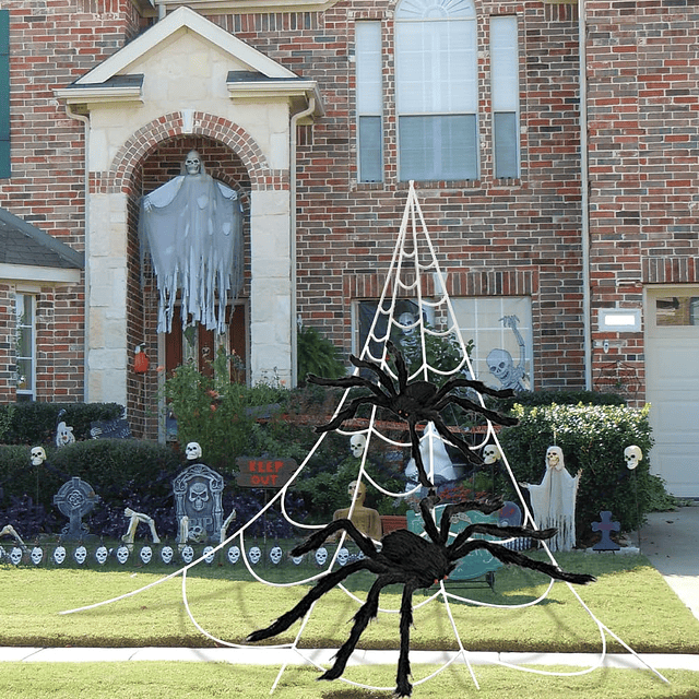 Halloween 200 pulgadas enorme telaraña con 2 arañas peludas